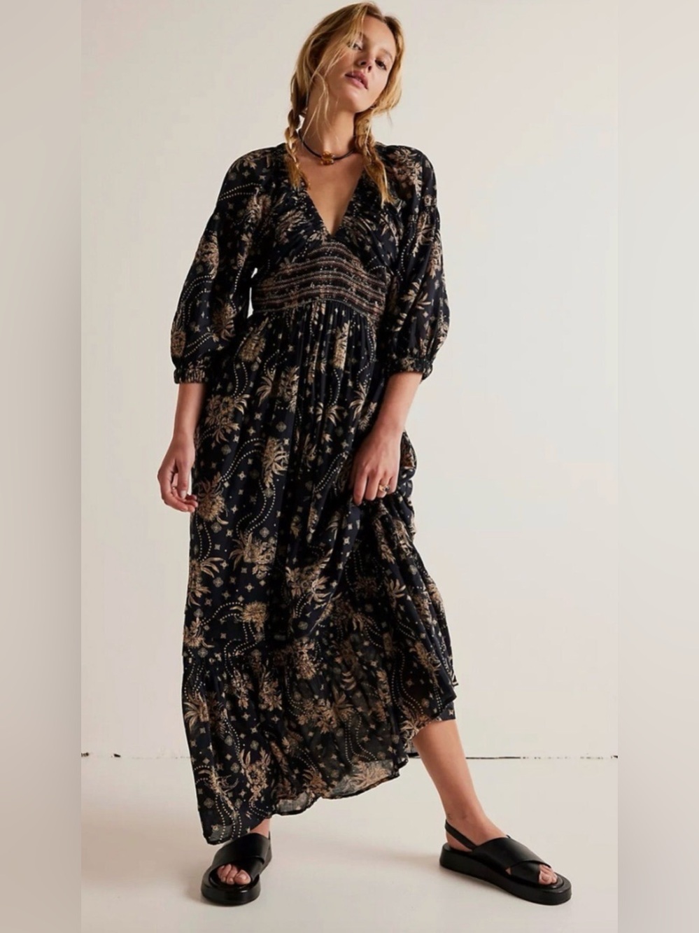 Free People Black Gold Beige Floral Bohemian Cottagecore Maxi Dress